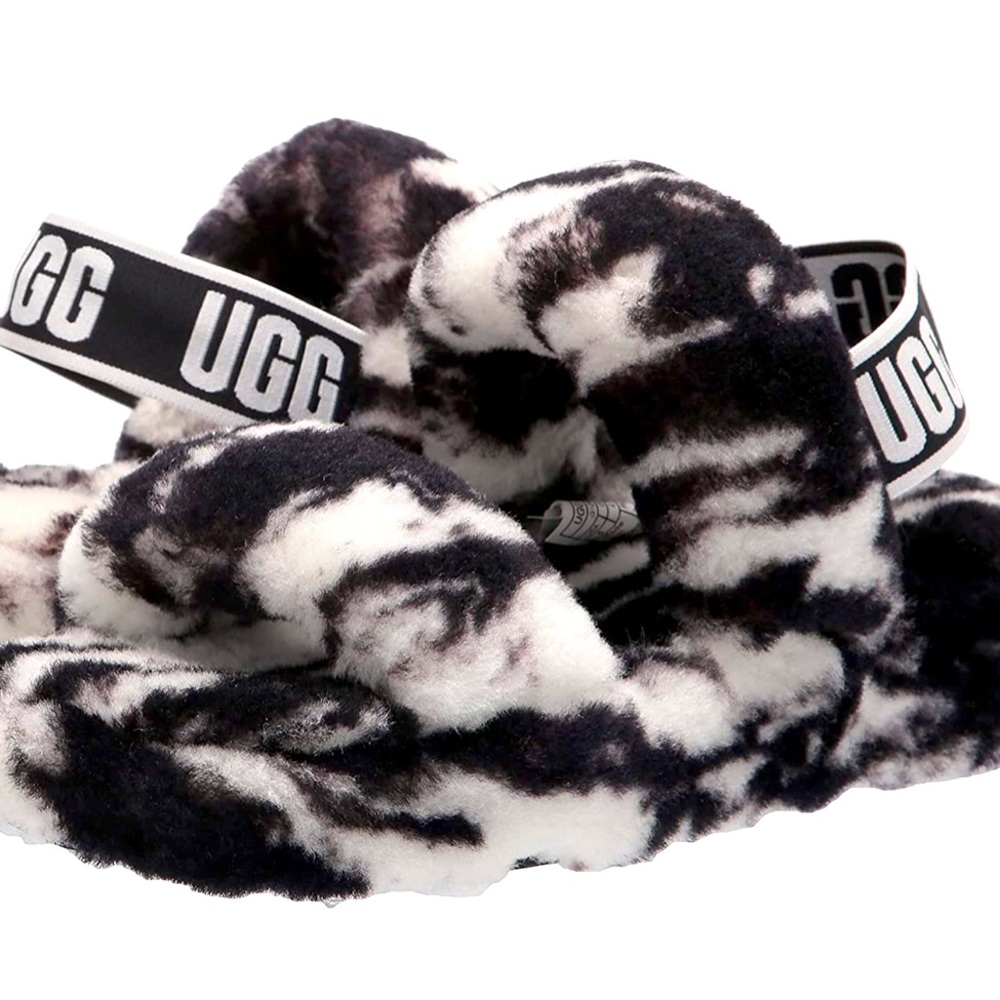 UGG Womens Oh Yeah Black & White Marble Fur Slippers Size 6 BNIB